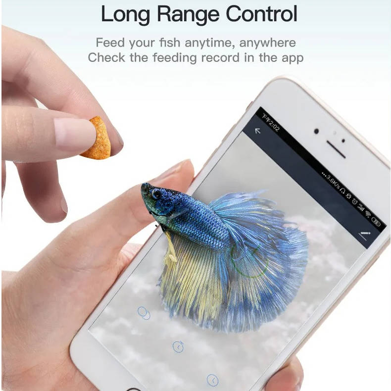 Tolva de comida del dispensador automático para peces, alimentador inteligente para acuarios con control WiFi.