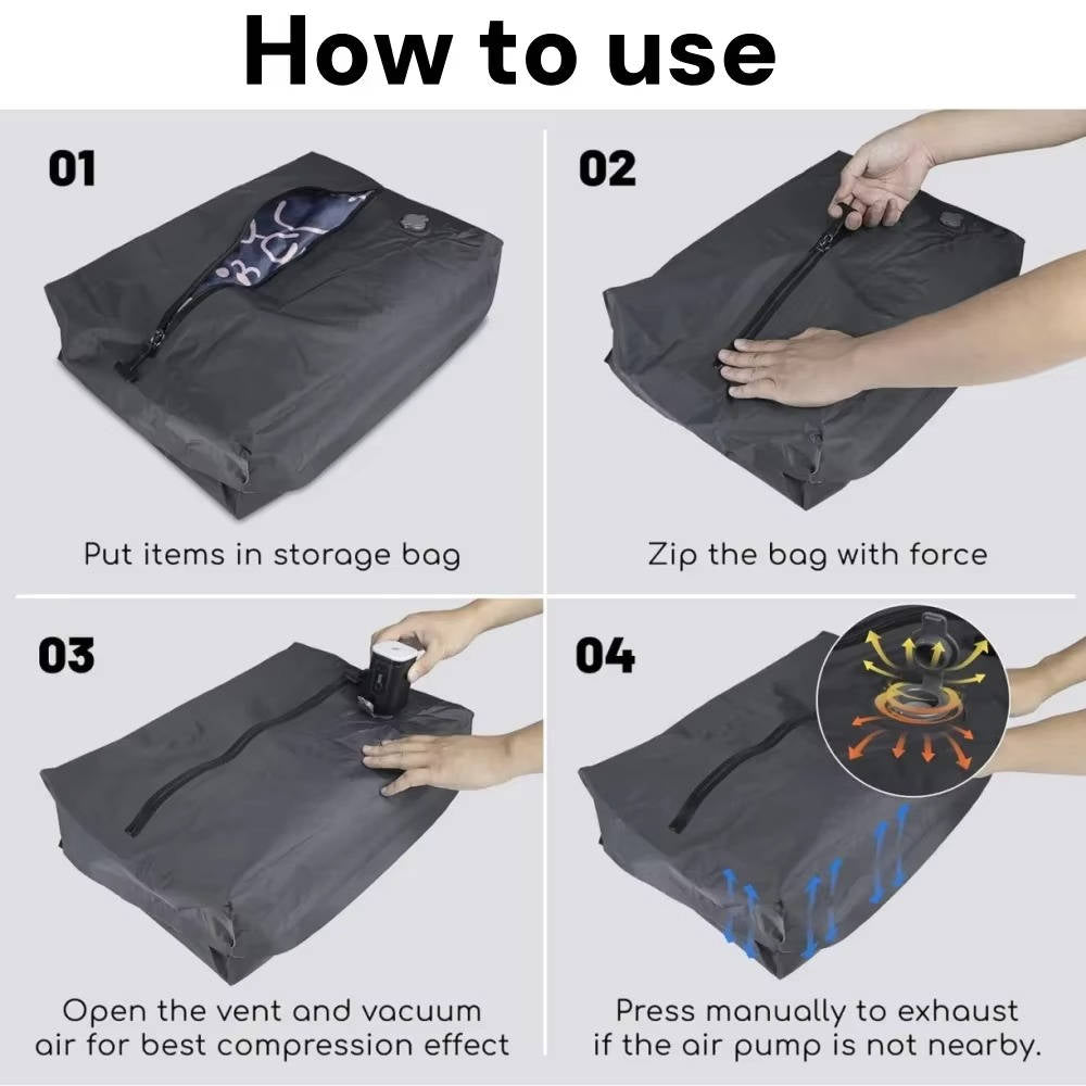 Viajero usando bomba de vacío portátil para equipaje. Compresión de ropa para más espacio en maletas, perfecto para vacaciones.