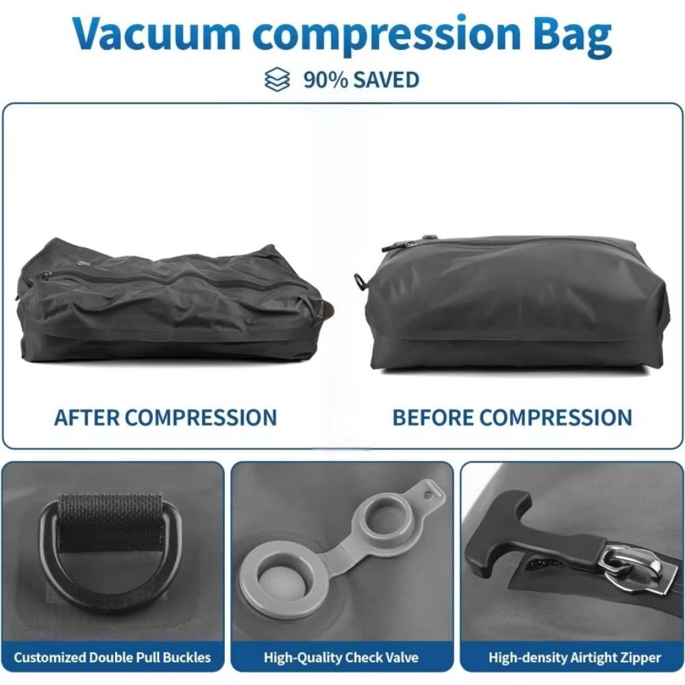 Bolsas de vacío para ropa en varios tamaños. Optimizan espacio en maletas, equipaje y organizador de viaje.