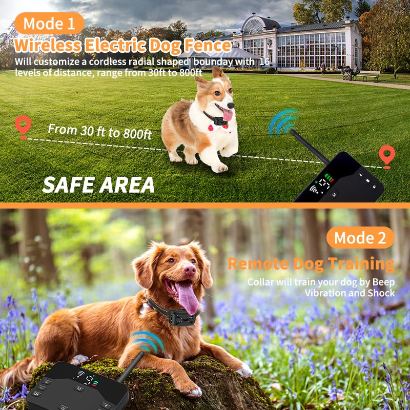 Collar para perros con sistema de valla inalámbrica. Control seguro de mascotas con alcance 100-250m.