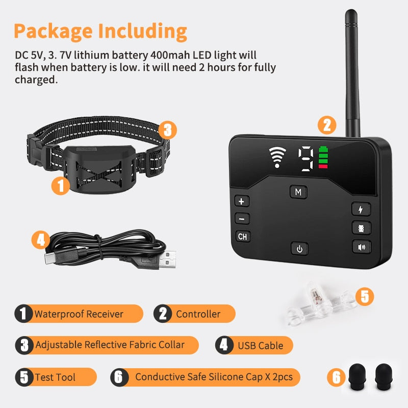 Detalle de collar de contención inalámbrico para perros. Herramienta de adiestramiento y seguridad para mascotas.