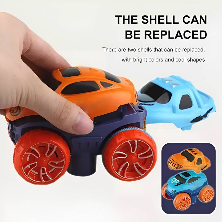 Coches de juguete recorriendo pista de carreras flexible que brilla, en un circuito antigravedad para niños.