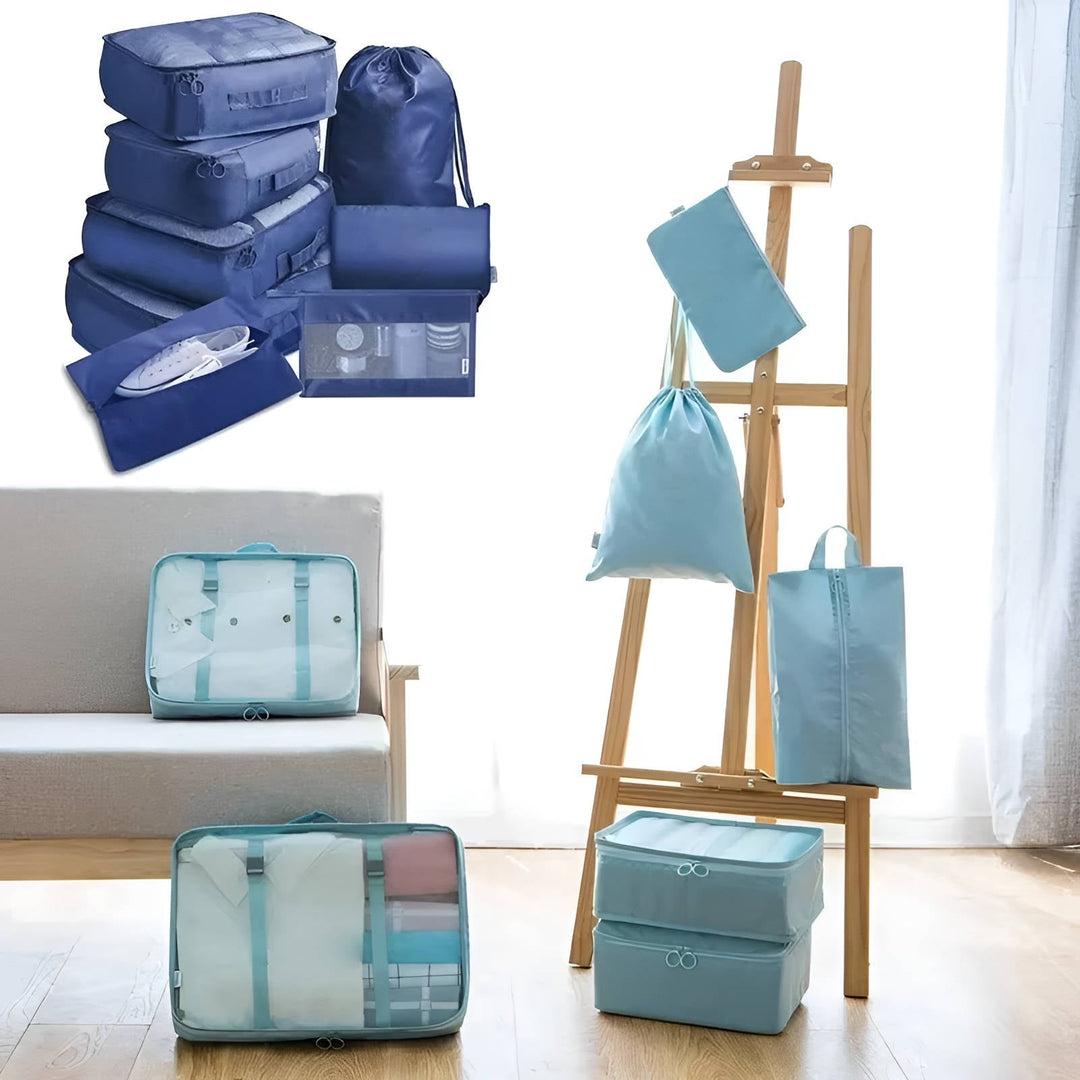 Cubos de empaque de diferentes tamaños, ideales para organizar ropa y artículos de viaje en tu maleta.