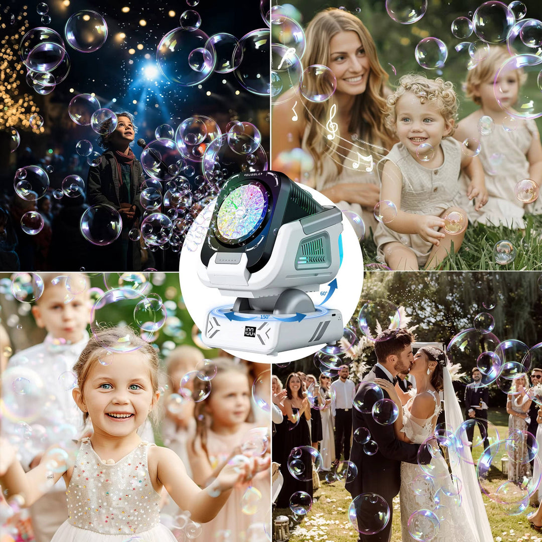 Juguete de burbujas automático para niños, con luces de colores y mucha diversión en fiestas y eventos infantiles.