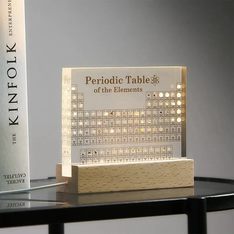 Tabla Periódica Acrílica con luz LED para estudio de química, ideal para escritorio o laboratorio, base de madera.