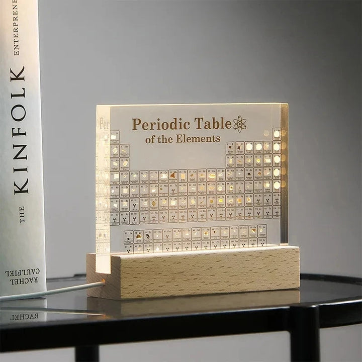 Tabla Periódica Acrílica con luz LED para estudio de química, ideal para escritorio o laboratorio, base de madera.