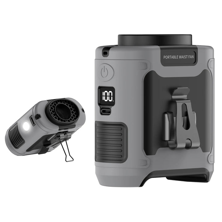 Ventilador de cintura portátil recargable 10000mAh para camping y senderismo, ideal para exteriores.