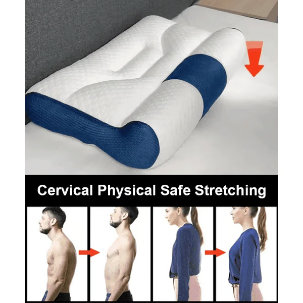 Almohada cervical de plumón de ganso vista lateral, mostrando su forma ergonómica para un sueño saludable.
