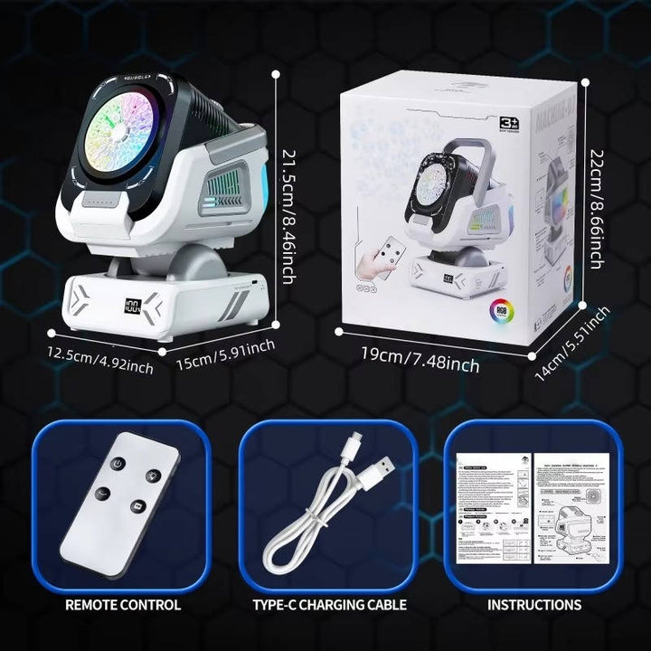 Máquina de burbujas para exterior, automática, con luces RGB, perfecta para la diversión en fiestas y cumpleaños.