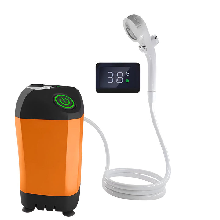 Ducha portátil de camping con pantalla de temperatura digital, ideal para higiene al aire libre.