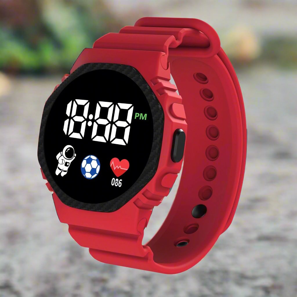 Reloj infantil LED digital rojo, duradero e impermeable, ideal para aprender la hora y jugar.