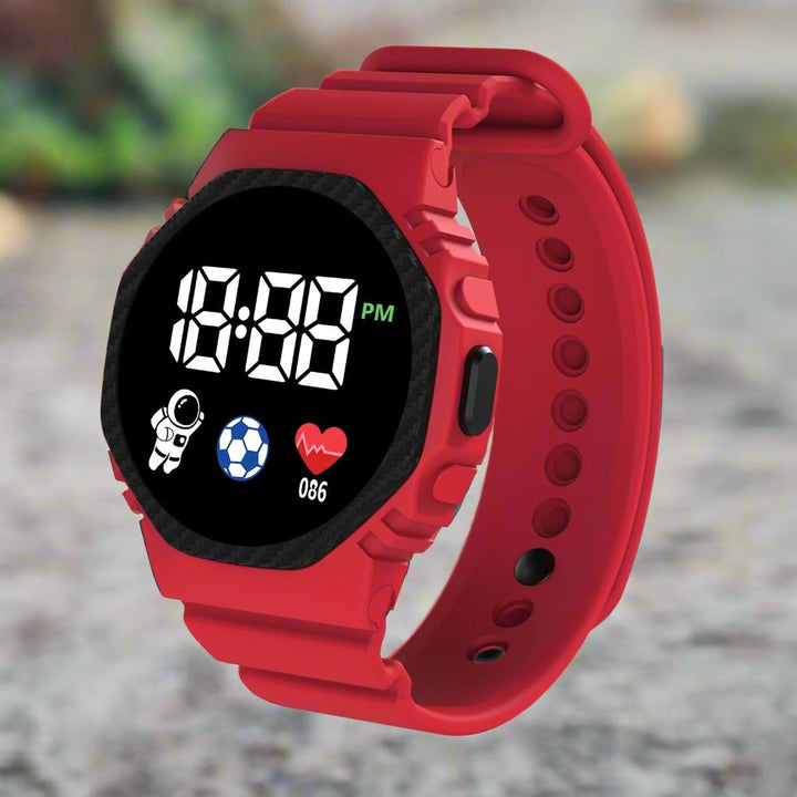 Reloj infantil LED digital rojo, duradero e impermeable, ideal para aprender la hora y jugar.
