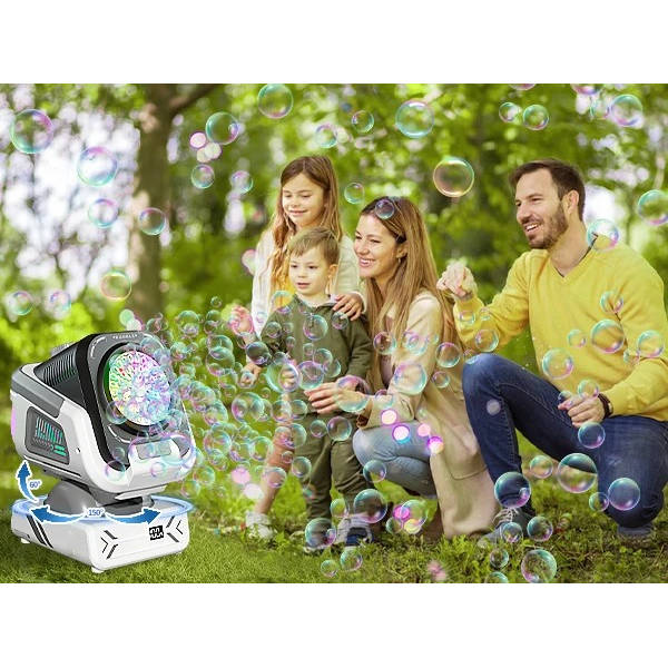 Generador de burbujas automático con luces RGB, diversión garantizada para niños en fiestas y eventos.