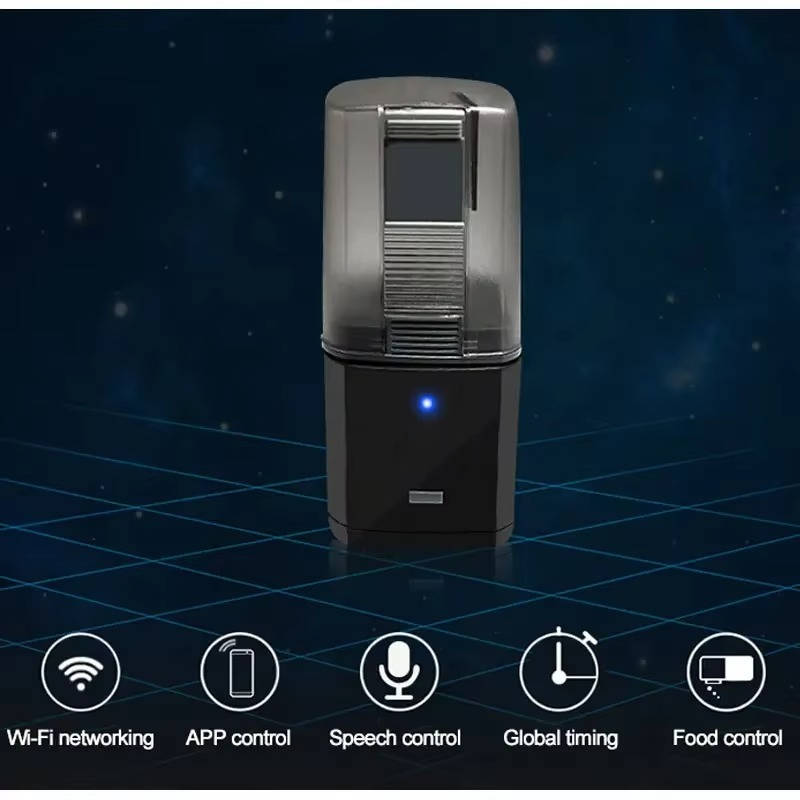 Alimentador automático programable para peces con control WiFi, asegura el cuidado de tus mascotas acuáticas.
