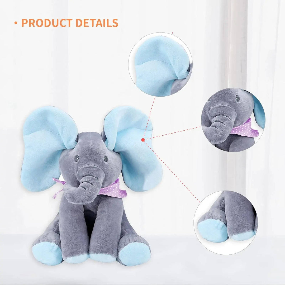 Peluche de elefante musical que juega al cucú, entretiene y estimula a los bebés.