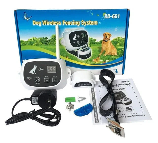 Sistema de cercado inalámbrico para perros, incluye collar de adiestramiento canino y valla invisible.