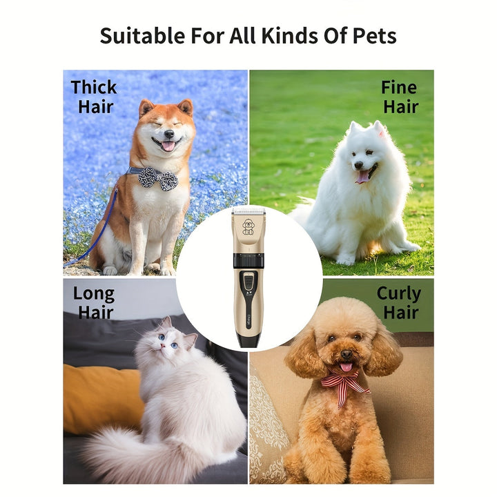Kit de aseo completo para mascotas con cortapelo inalámbrico, accesorios y carga USB rápida.