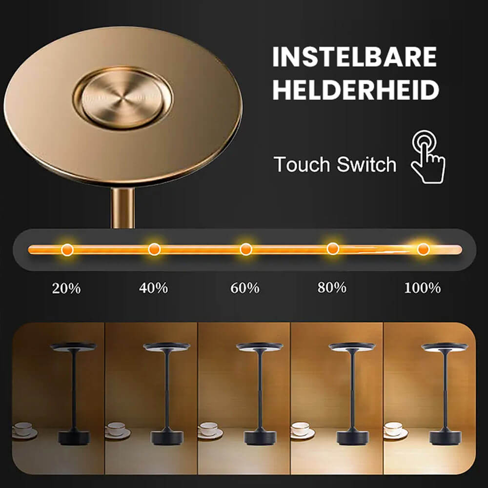 Moderna lámpara de mesa LED regulable, inalámbrica y portátil para decoración y ambiente del hogar.