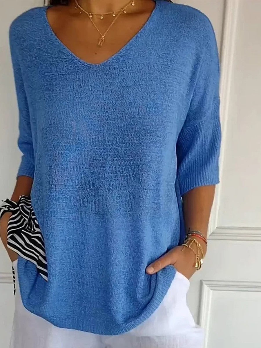 Cómodo jersey de punto básico con cuello V para mujer, versátil para cualquier atuendo de otoño e invierno.