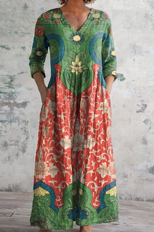 Vestido maxi floral verde casual boho para mujer, estilo vintage romántico, manga larga, ideal primavera-verano.