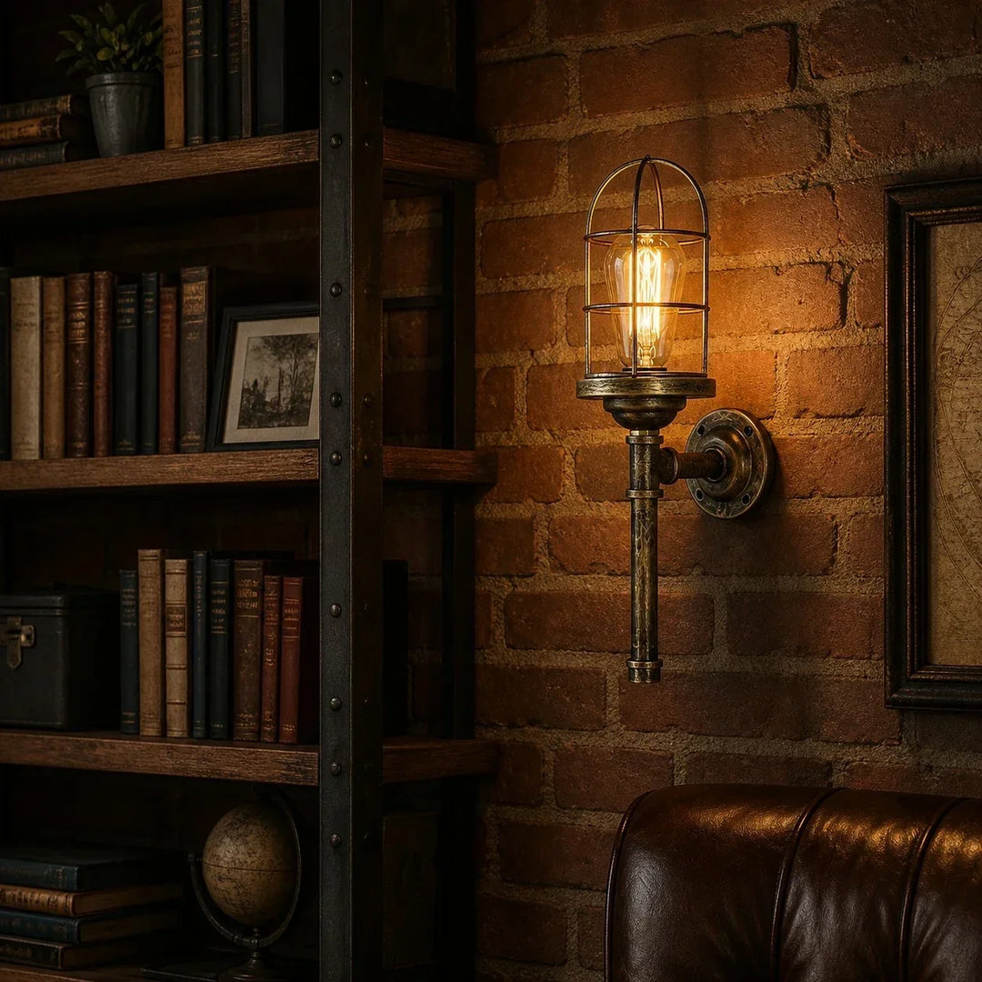 Aplique de pared doble vintage de metal con jaula. Iluminación industrial para decoración de interiores.