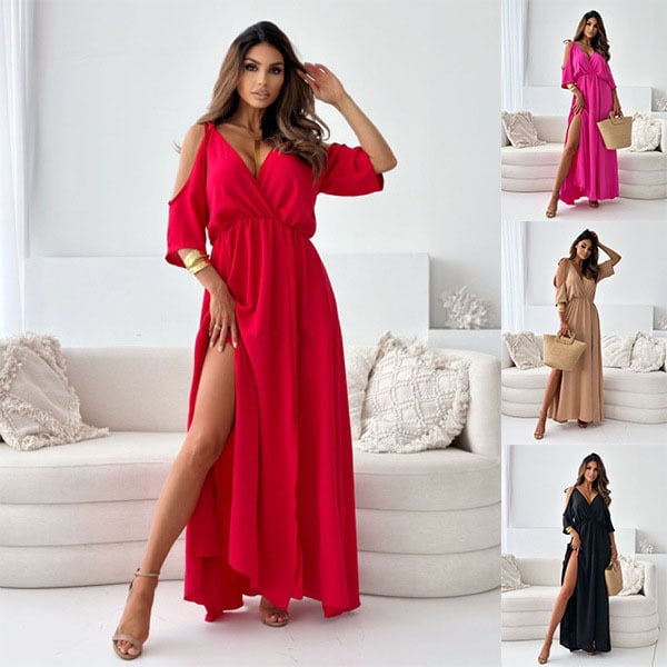 Moda femenina: Vestido maxi elegante con hombros descubiertos, ideal como vestido de noche o para fiesta.