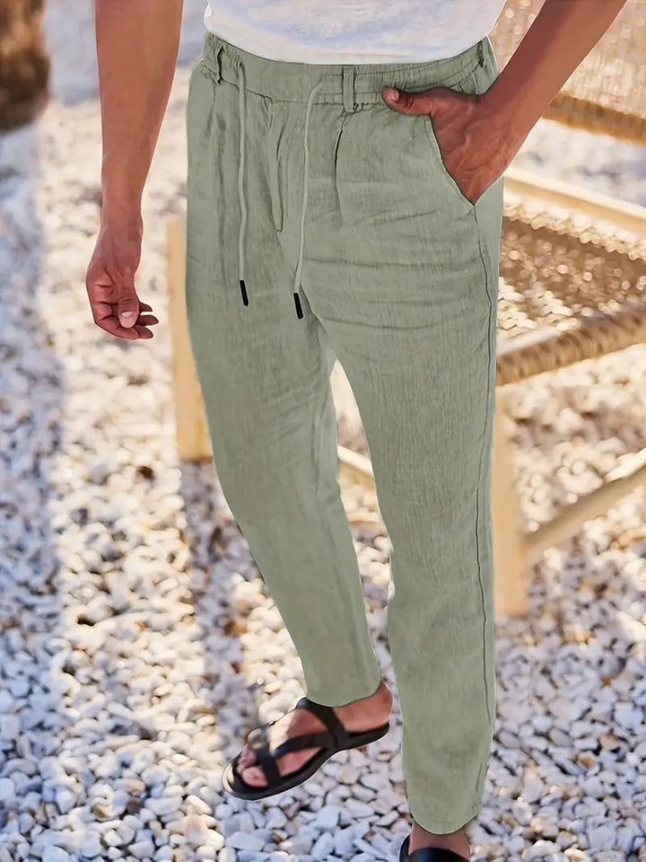Pantalones de lino para hombre, largos y sueltos, con cordón para un ajuste perfecto y casual.