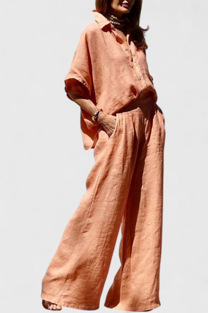 Conjunto casual de verano Adesua para mujer: camisa manga corta y pantalón tiro alto. Moda femenina fresca y relajada.