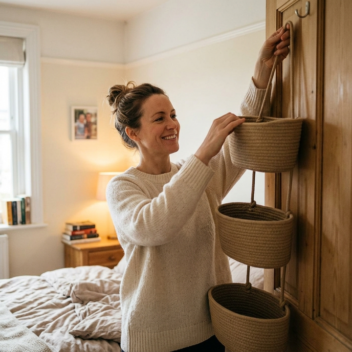 Cesta de almacenamiento boho de algodón con 3 niveles. Organiza tu baño, cocina o dormitorio.