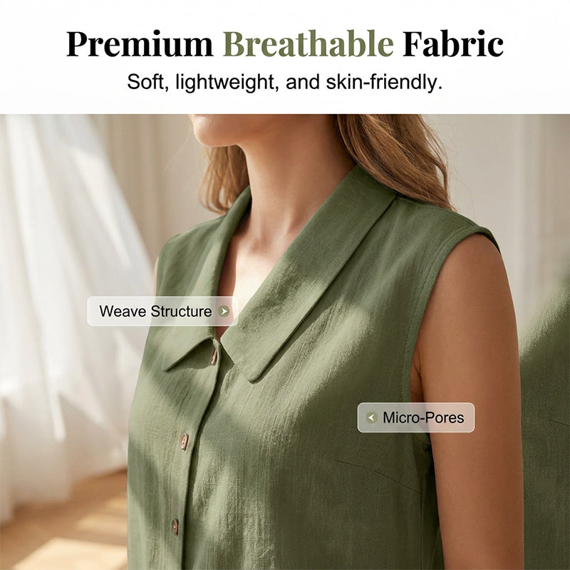 Textura suave de la blusa sin mangas para mujer, con botones y cuello V. Confort y estilo para el verano.