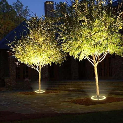 Foco jardín LED para iluminación de árboles, resistente y perfecto para paisajismo exterior.