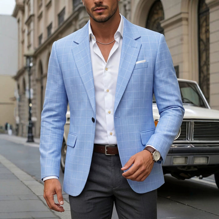 Americana azul de cuadros para hombre, estilo business casual, ligera y elegante.