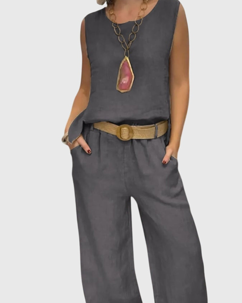 Conjunto casual de dos piezas para mujer: top bohemio y pantalón ancho. Elegancia fluida para el verano.