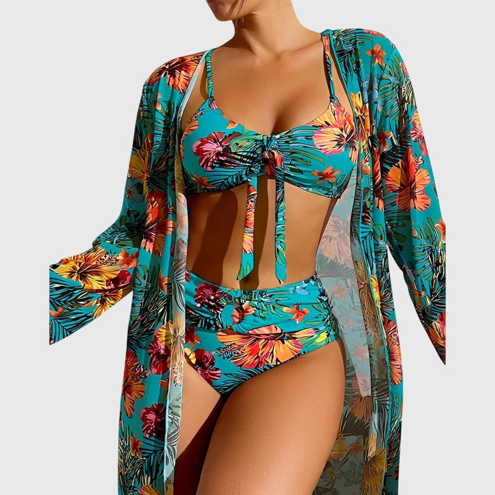 Conjunto bikini de mujer 3 piezas tropical con kimono floral y top lazo, ideal para playa y vacaciones de verano.