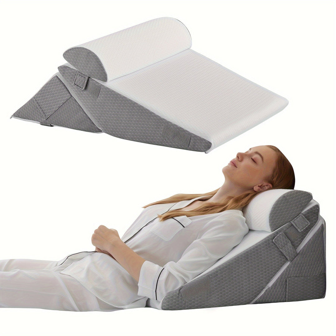 Cojín cuña multifuncional para descanso, ajustable para elevar piernas o dar soporte lumbar. Alivio garantizado.