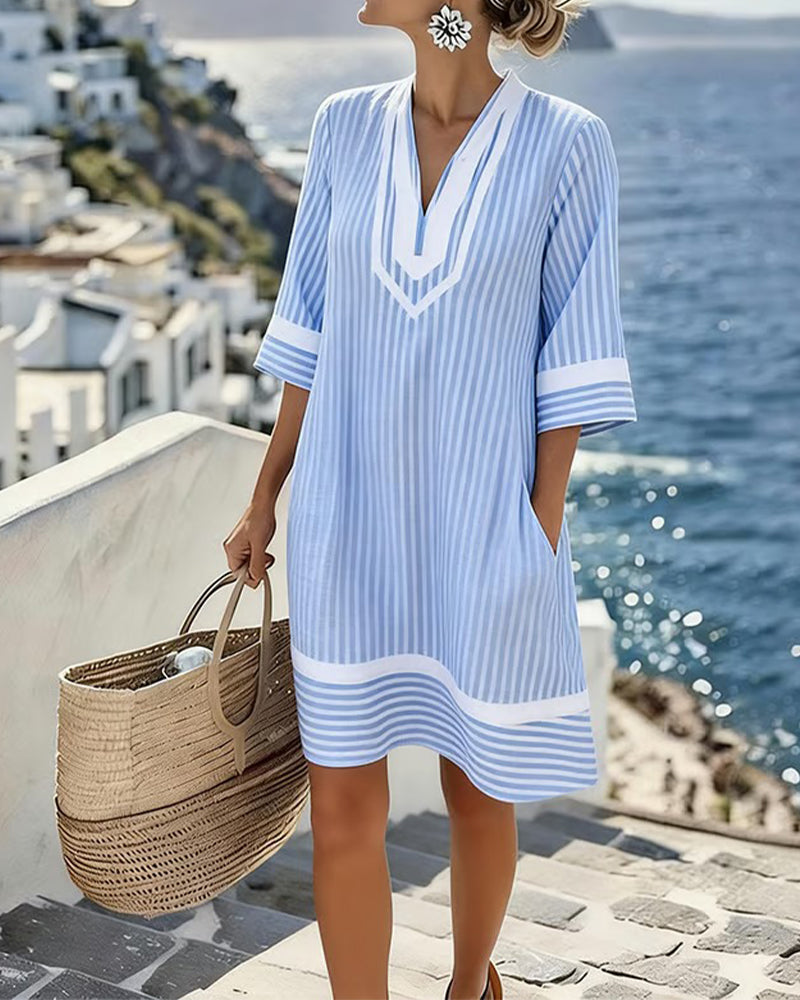 Vestido de rayas cuello V para mujer, estilo casual y fresco de verano.
