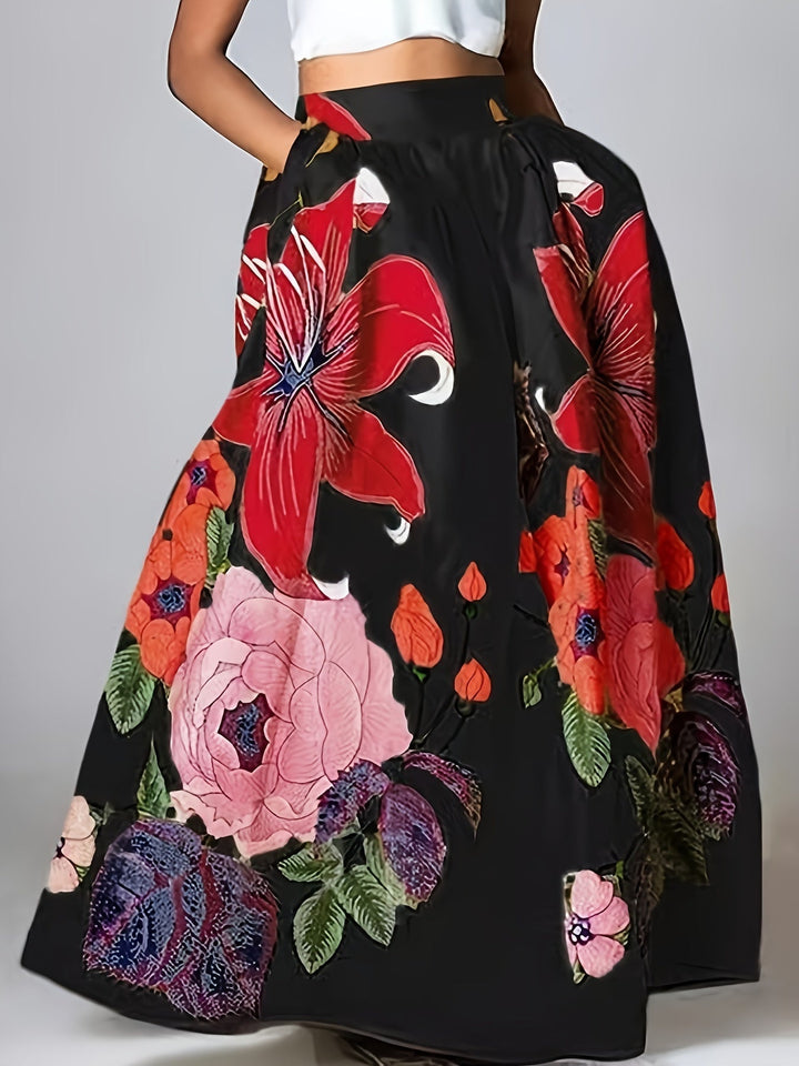 Falda maxi floral de mujer con cintura alta, estampado vibrante. Perfecta para moda femenina de verano elegante.