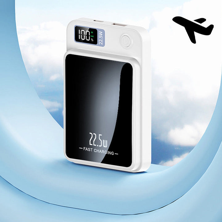 Cargador portátil de viaje con carga rápida inalámbrica, batería externa compacta para móvil.