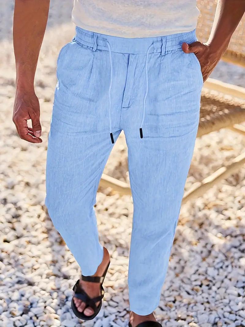 Ropa de verano: pantalones de lino largos para hombre, frescos y transpirables, con cordón.