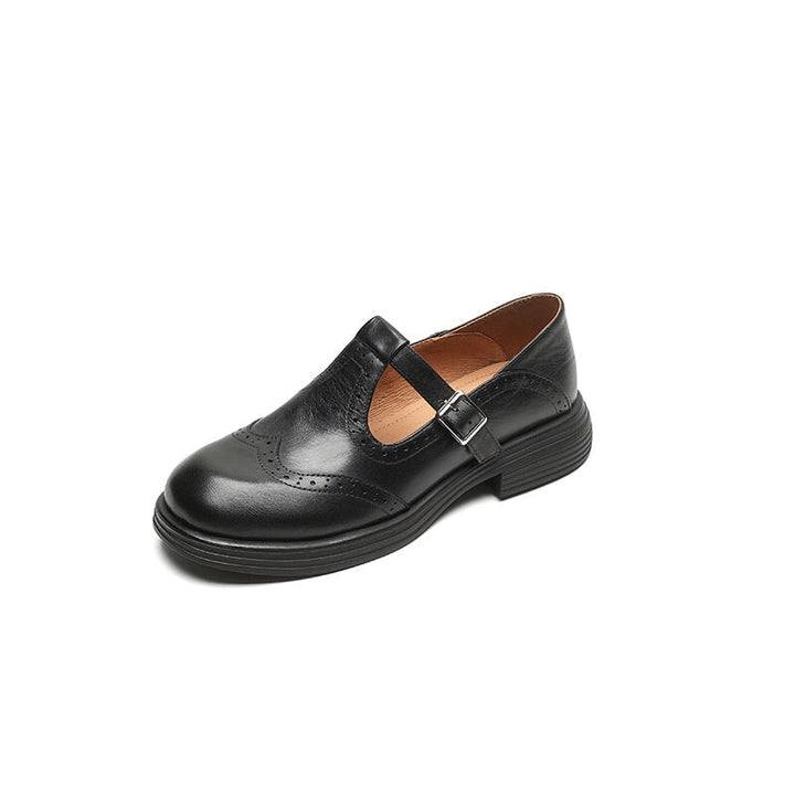 Zapatos T-strap marrones de mujer, estilo retro con perforaciones, cómodos para el diario.