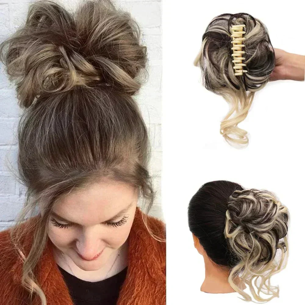 Clip moño rizado de cabello sintético. Crea volumen y estilo impecable al instante.