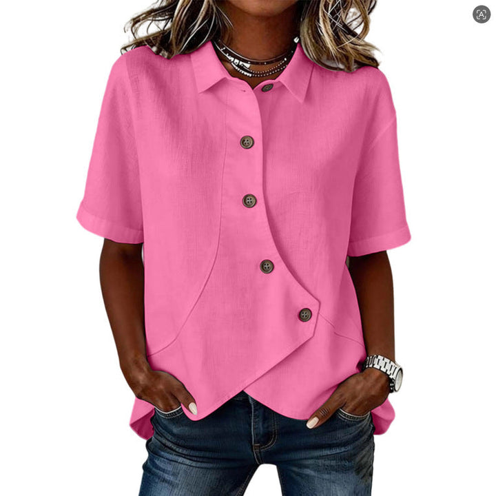 Blusa asimétrica de mujer con botones, estilo moderno. Camisa versátil para moda femenina de verano/primavera.