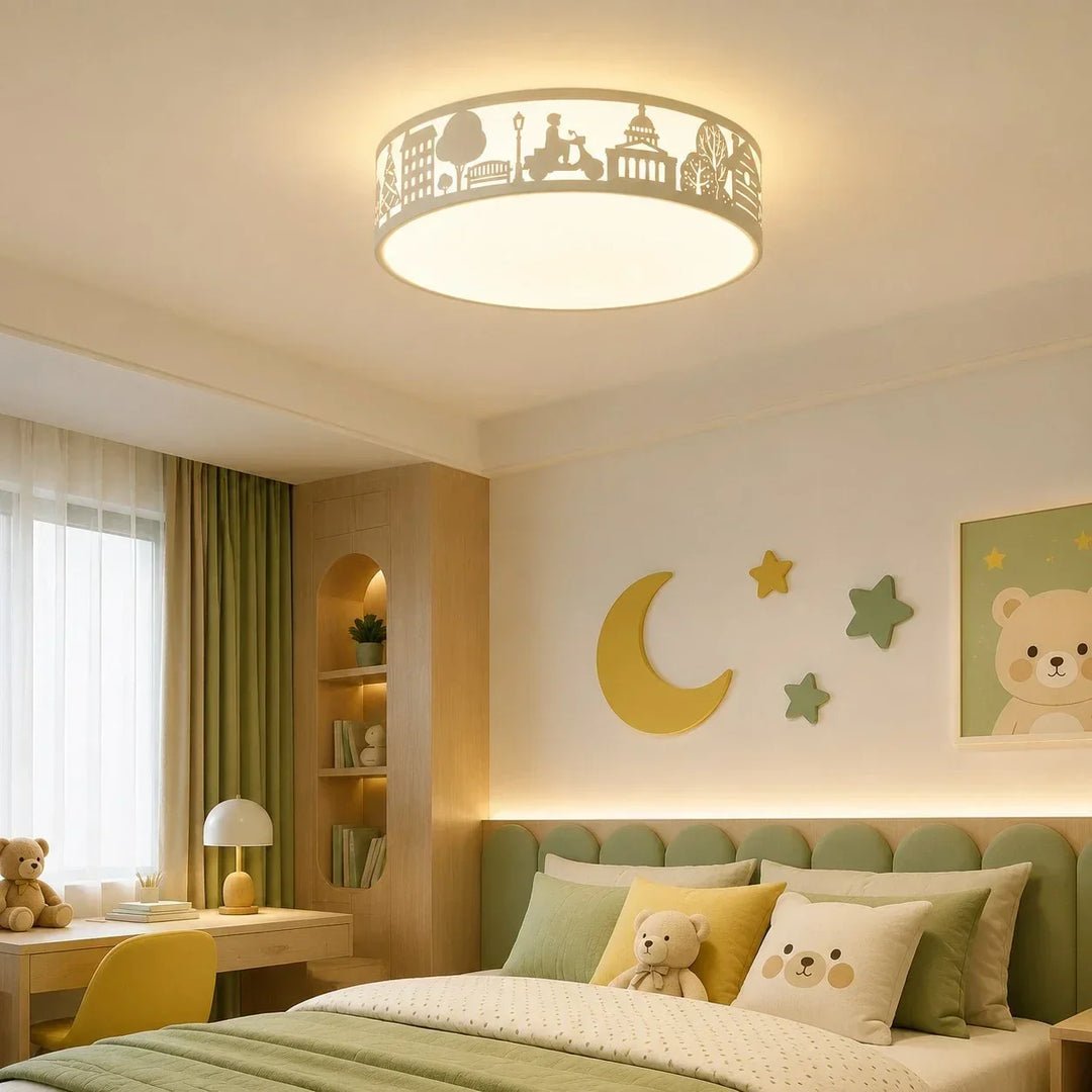 Diseño moderno de lámpara de techo LED verde, perfecta para estudio infantil.