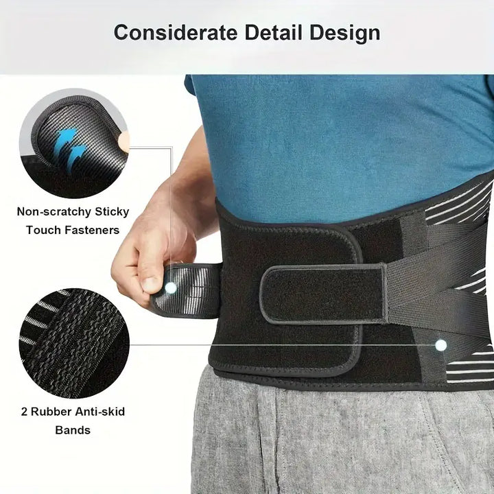 Detalle de la faja lumbar transpirable. Soporte ajustable para el dolor de espalda baja, ciática y deporte.