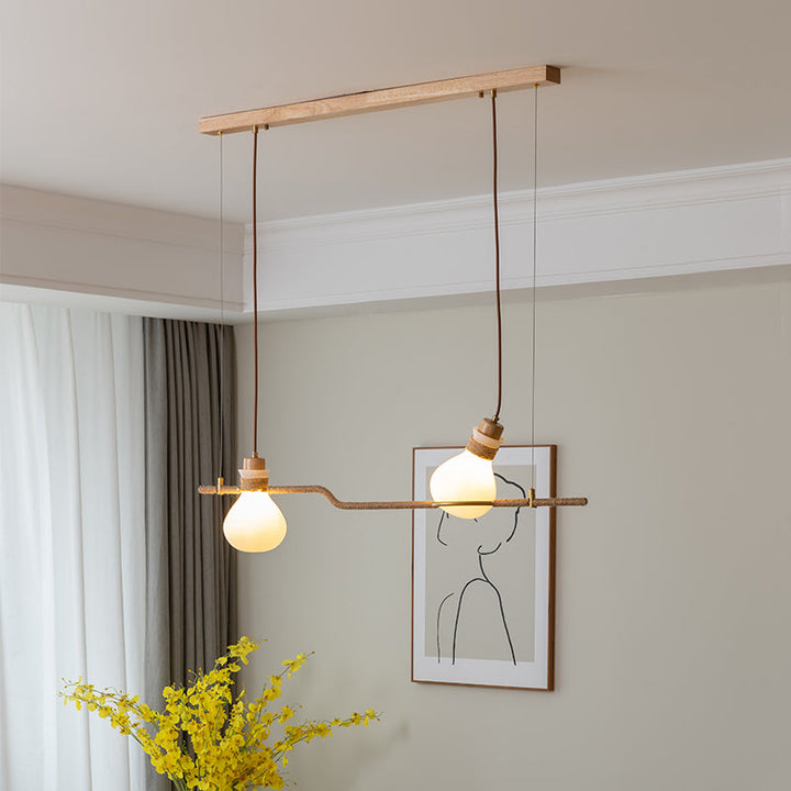 Lámpara colgante rústica moderna de cuerda y cristal. Ideal para iluminar salones y comedores.