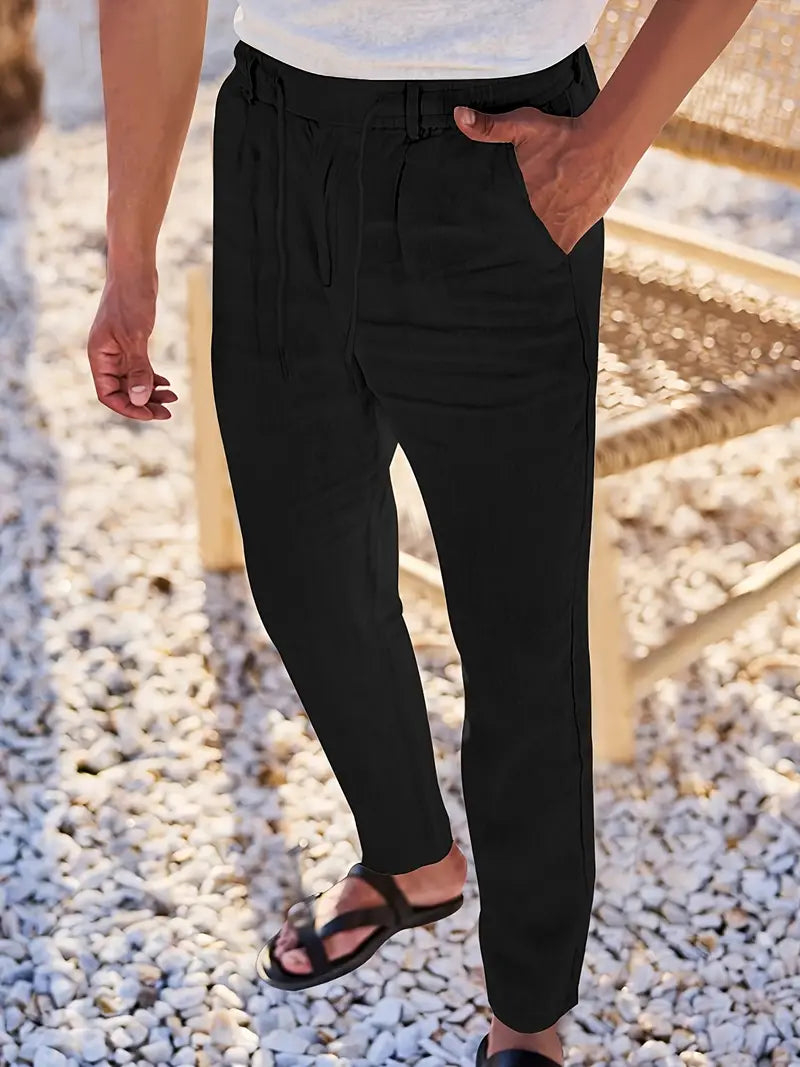 Pantalones de lino de hombre, ropa transpirable, estilo relajado, con cordón para comodidad.