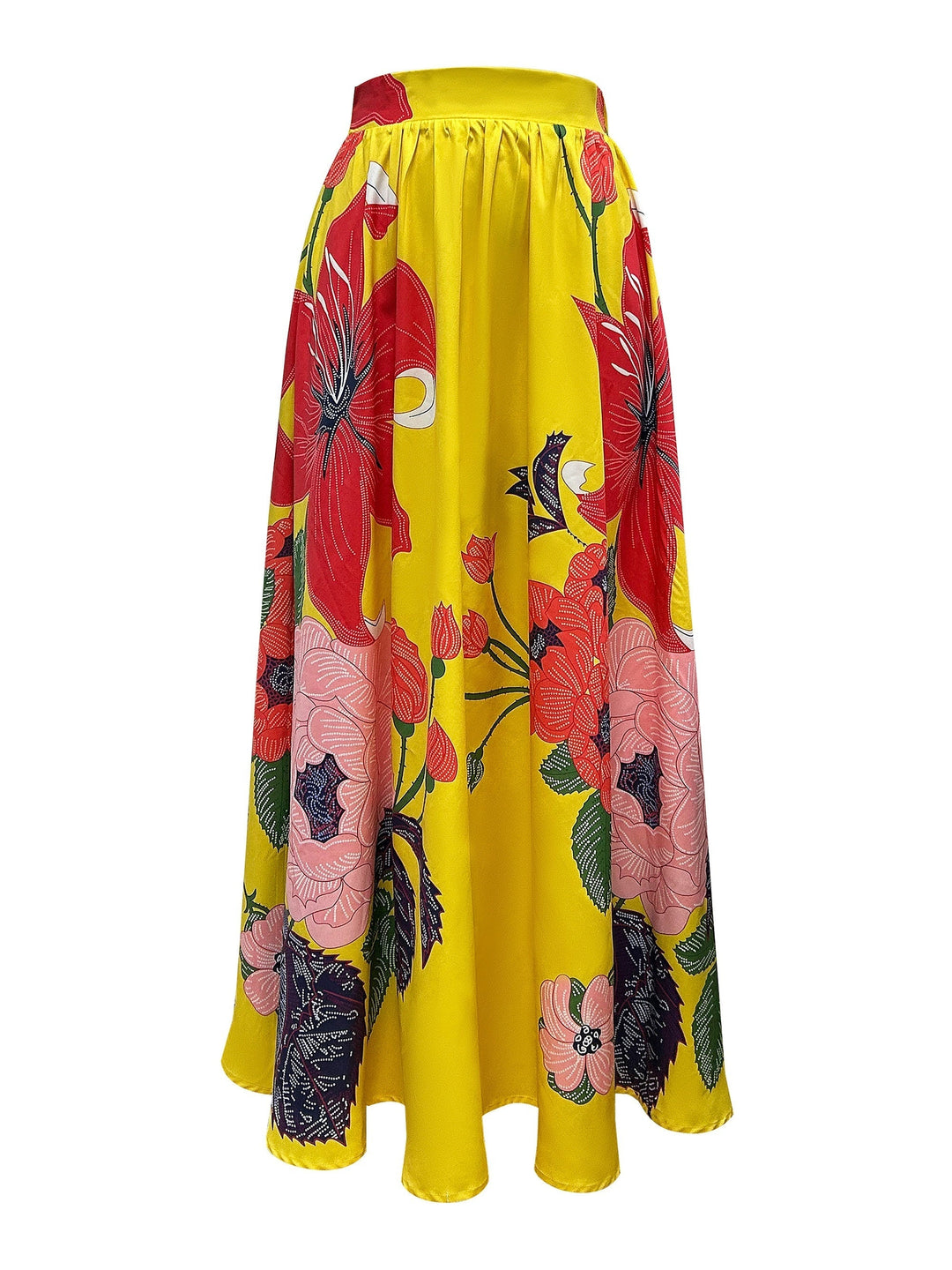 Falda maxi floral de mujer, cintura alta, con estampado vibrante. Ideal para ropa de verano y moda femenina.