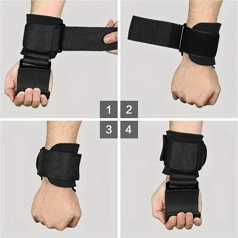 Detalle de agarres PowerHook Pro para levantamiento, mostrando la muñequera y gancho en la mano.