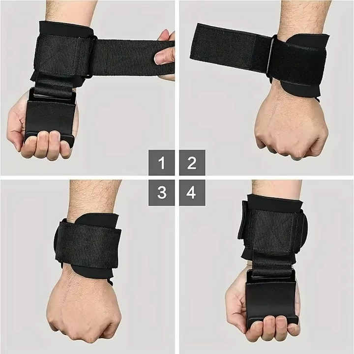 Detalle de agarres PowerHook Pro para levantamiento, mostrando la muñequera y gancho en la mano.