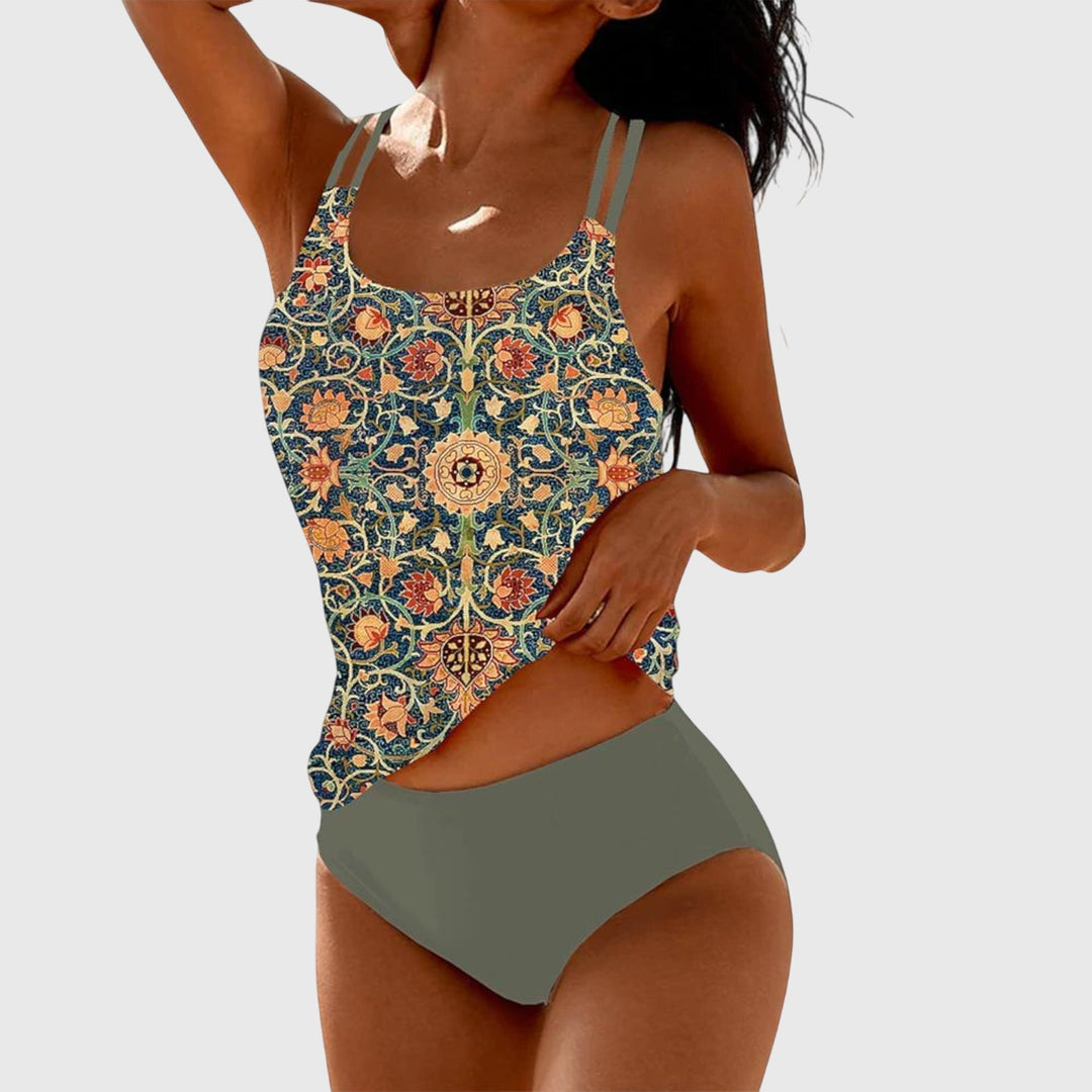Tankini mujer floral vintage de dos piezas con estampado de flores, ideal para playa y verano.